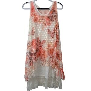 Made in Italy Butterfly Floral Lace Layered Dress L Peach White